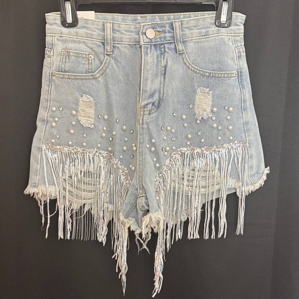 Women's Distressed Denim Shorts with Fringe